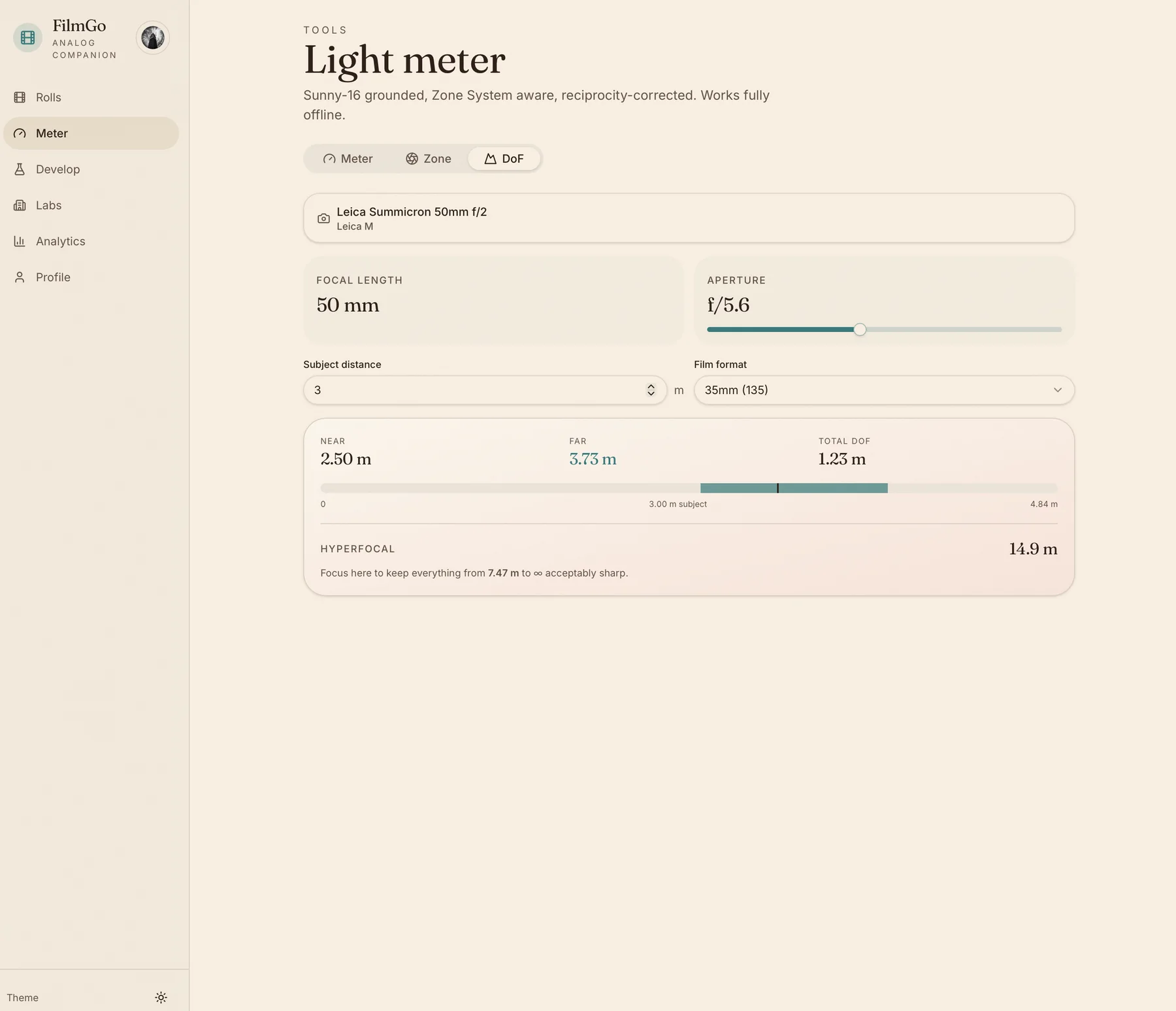 FilmGo depth of field calculator software screen