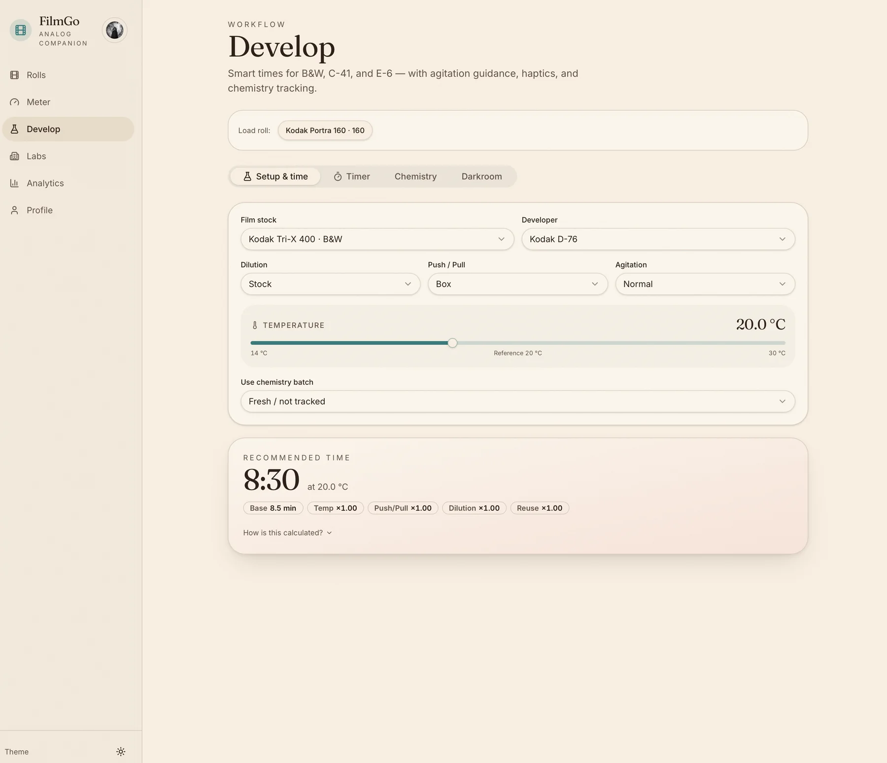 FilmGo development timer and chemistry software screen