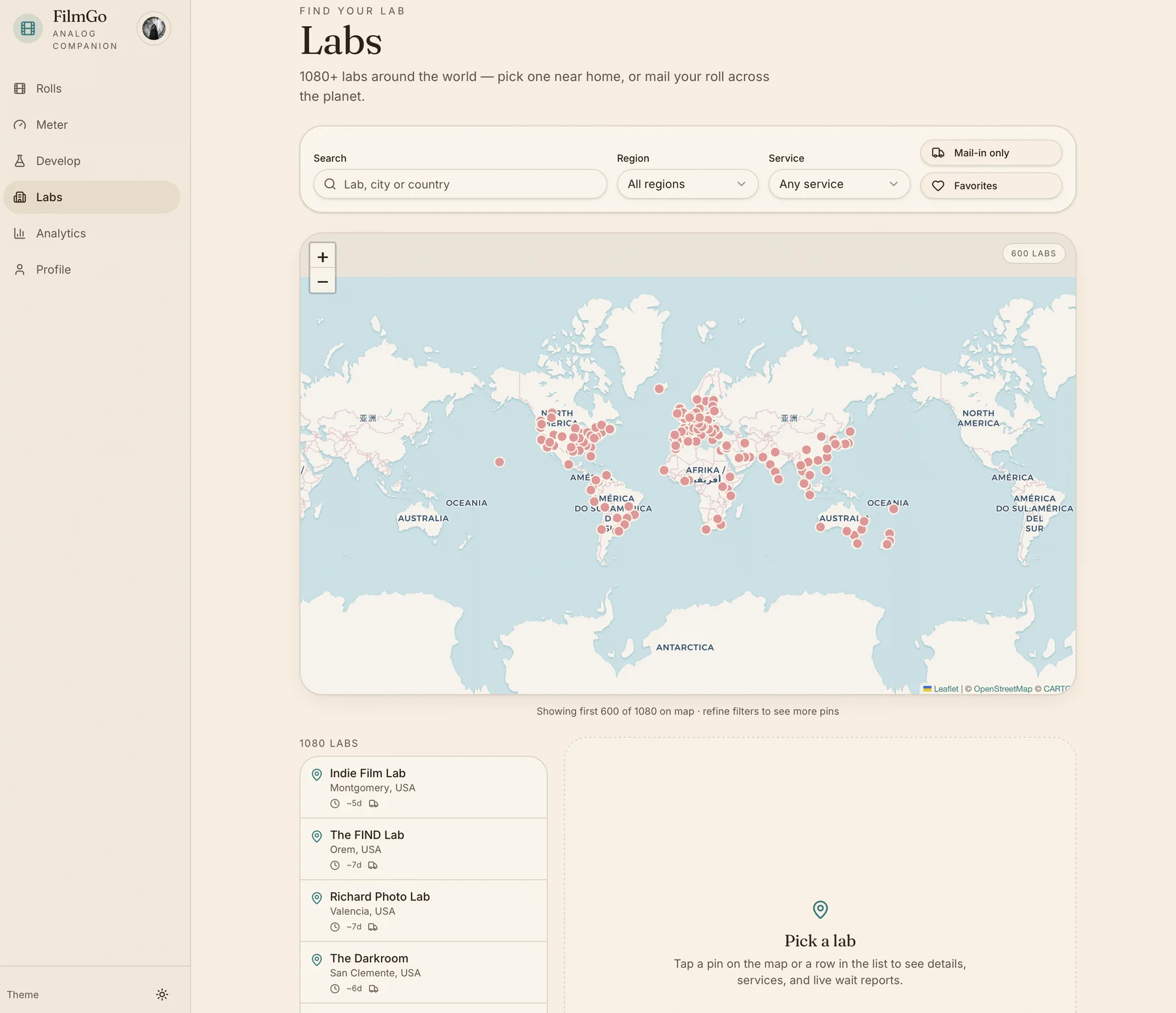 FilmGo labs map software screen