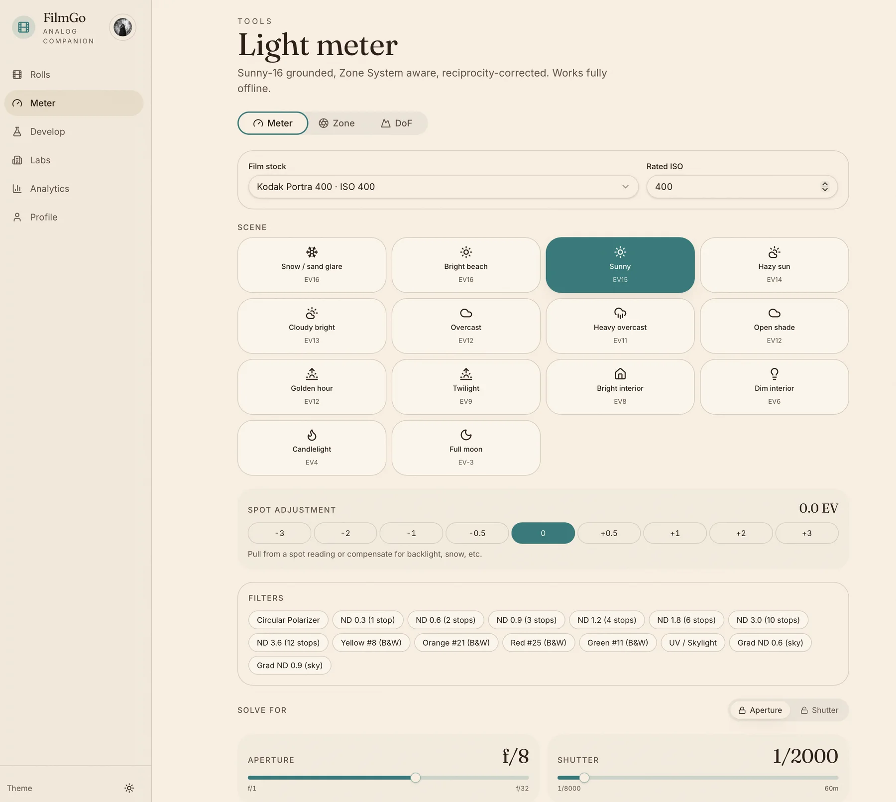 FilmGo light meter software screen with scene modes and exposure controls