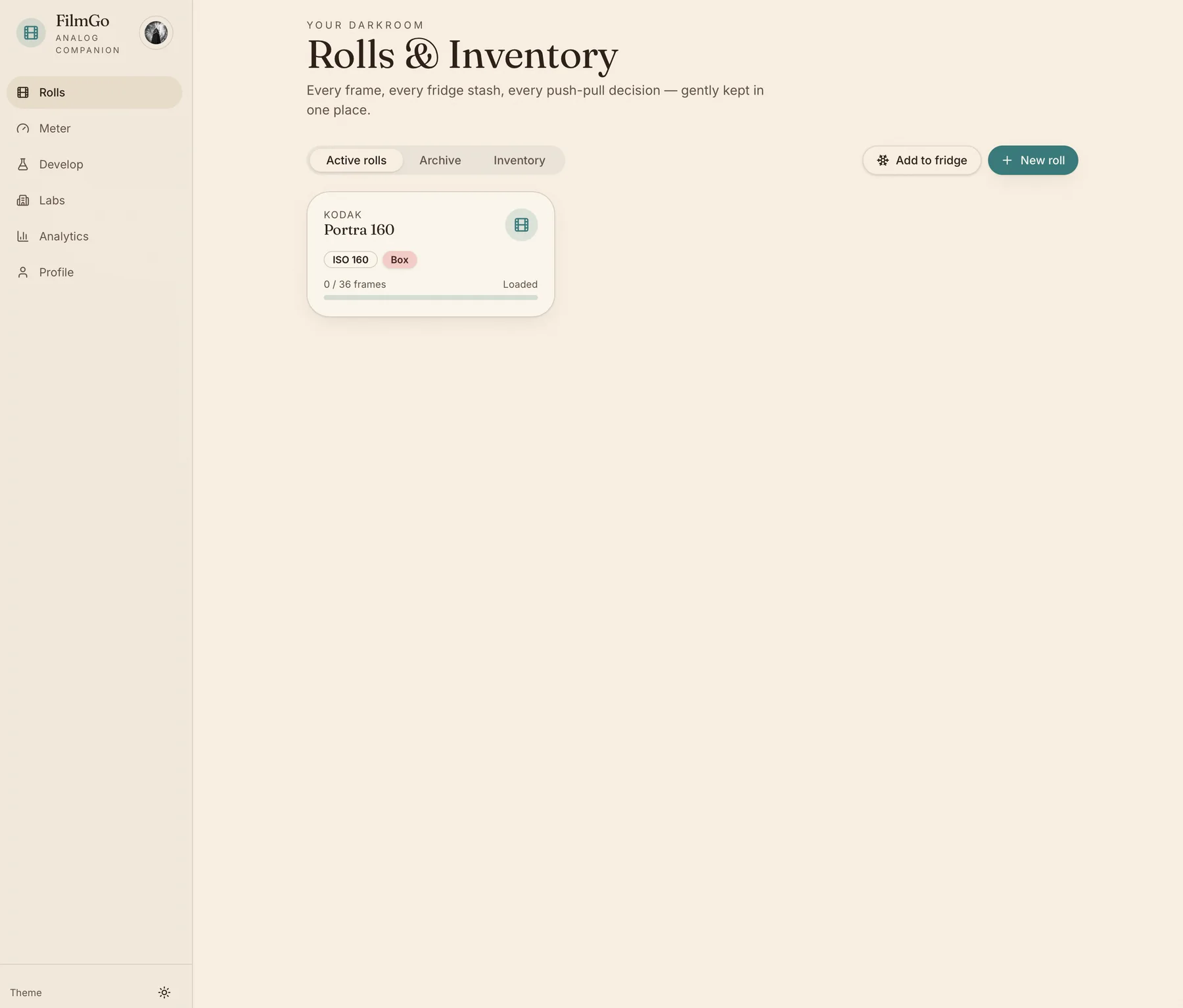FilmGo rolls and inventory software screen